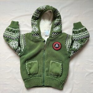 Kid's green Nordic-style 100% cotton sherpa-lined full-zip hoodie jacket 2T-4T